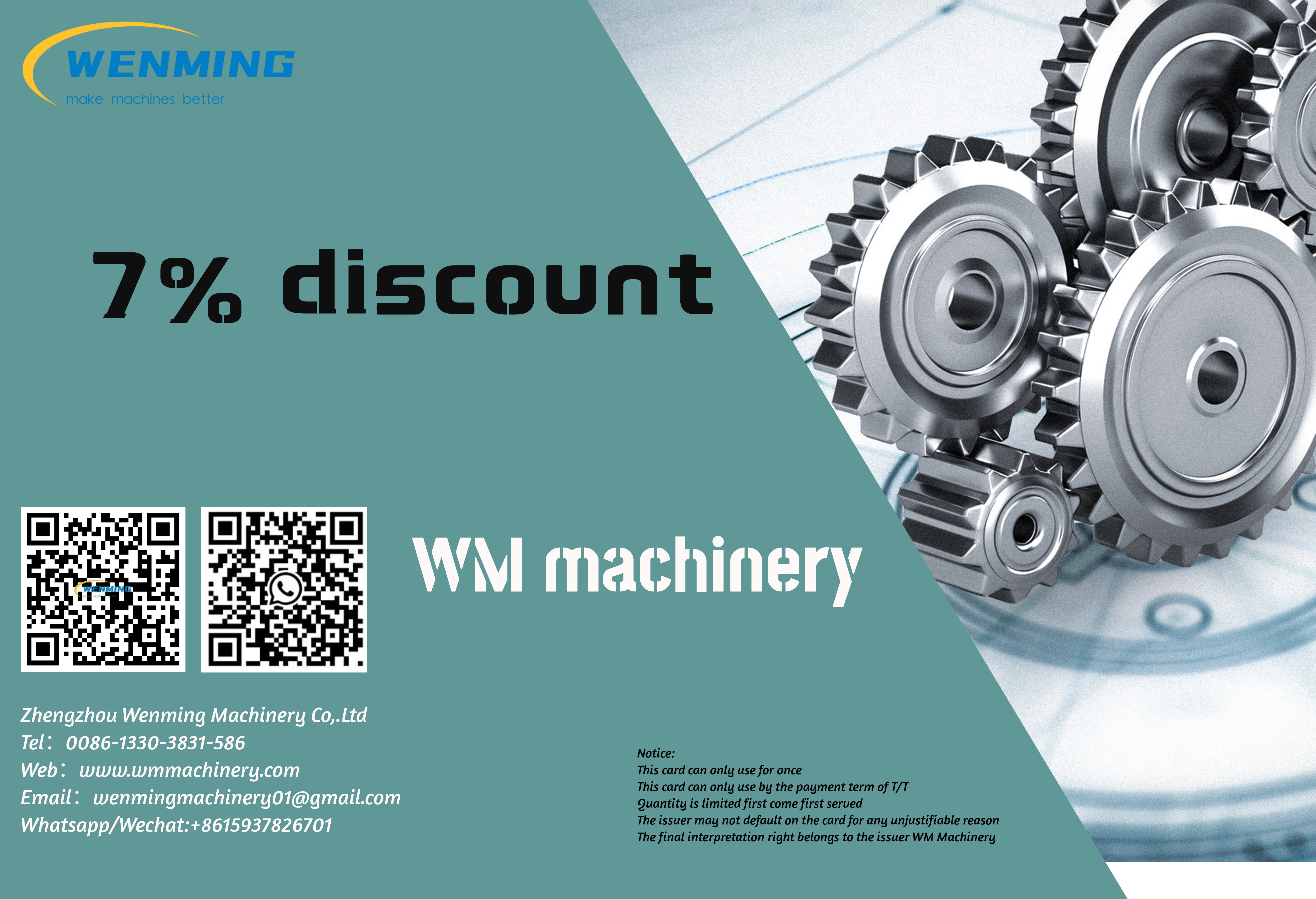 7 % discount coupon Zhengzhou Wenming Machinery Co,.Ltd – WM machinery